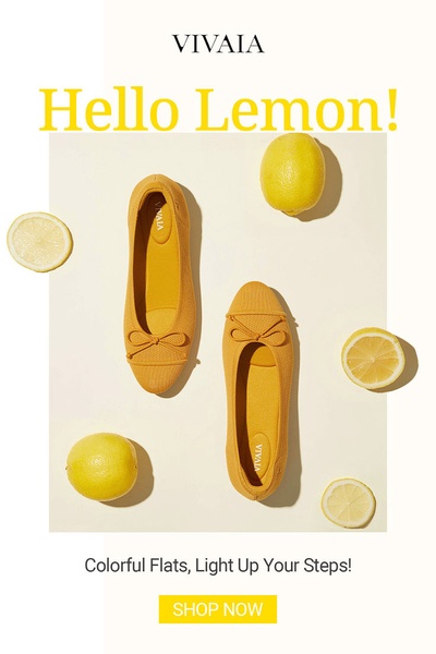 ballet flats, flat shoes, women's flats, slip on shoes, casual flats, product launch, brand awareness, flat lay, playful, fresh, yellow, neutral